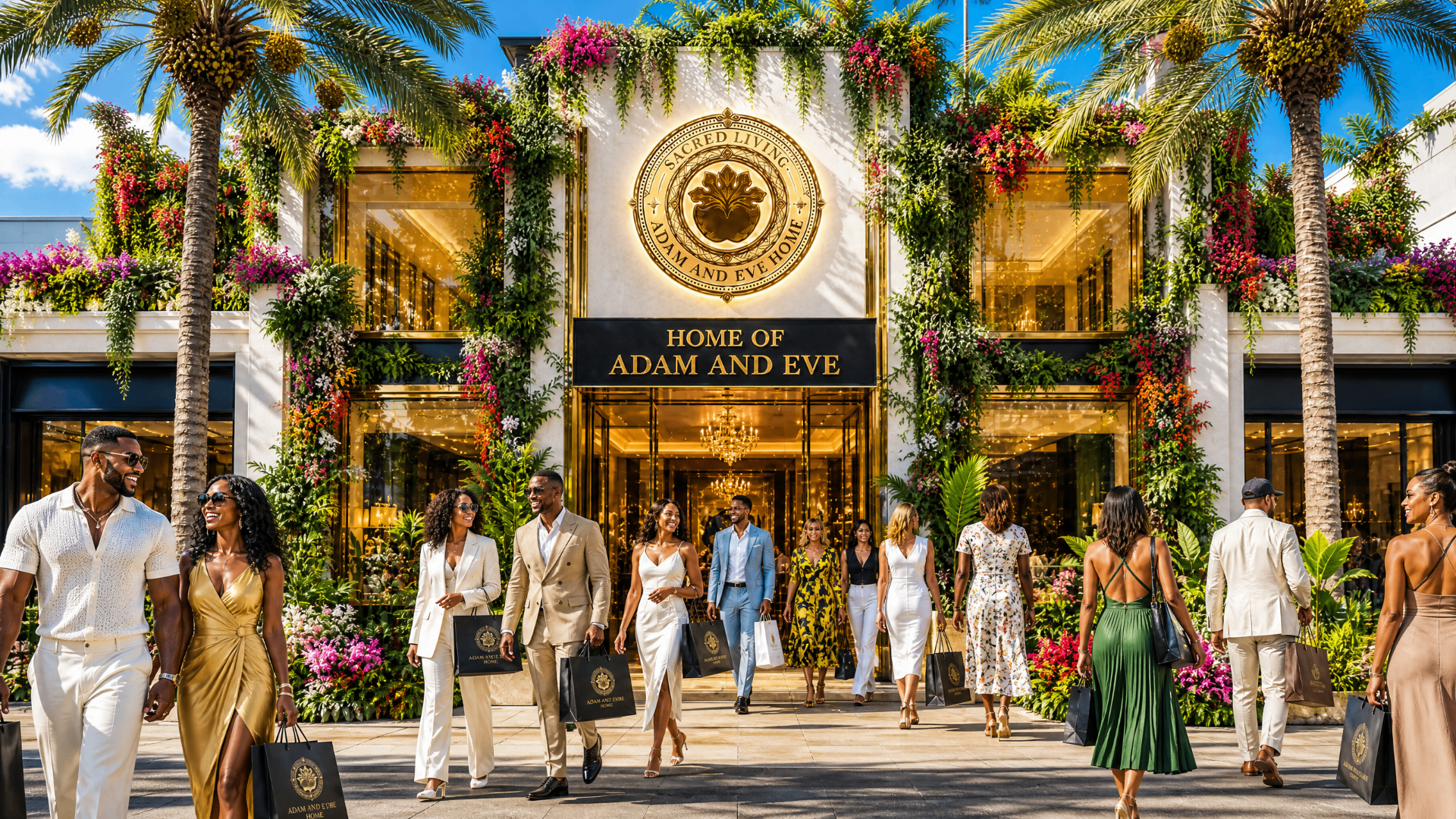 The Adam and Eve Home storefront in daylight, shoppers walking in and out through the gardens