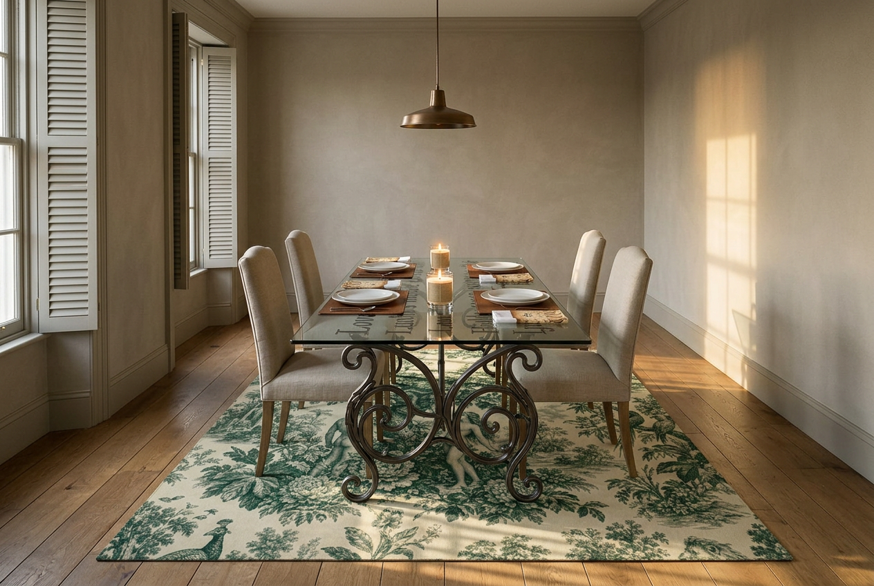 A formal dining room with a wrought iron and glass table, linen chairs, a patterned rug beneath, printed napkins, leather placemats and two lit candles