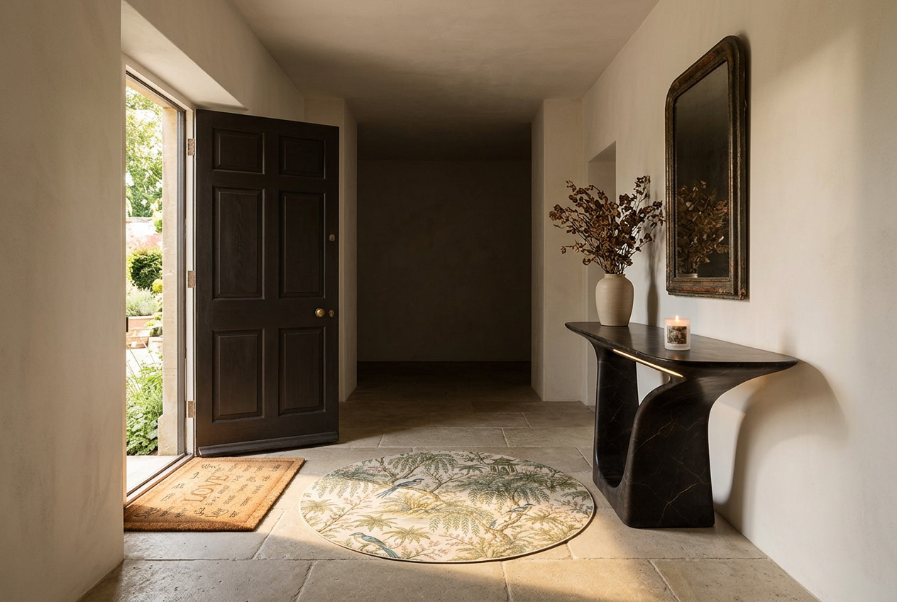 A limestone entry hall with a dark sculptural marble console, antique mirror, a coir doormat at the open door, a round patterned rug and a lit candle