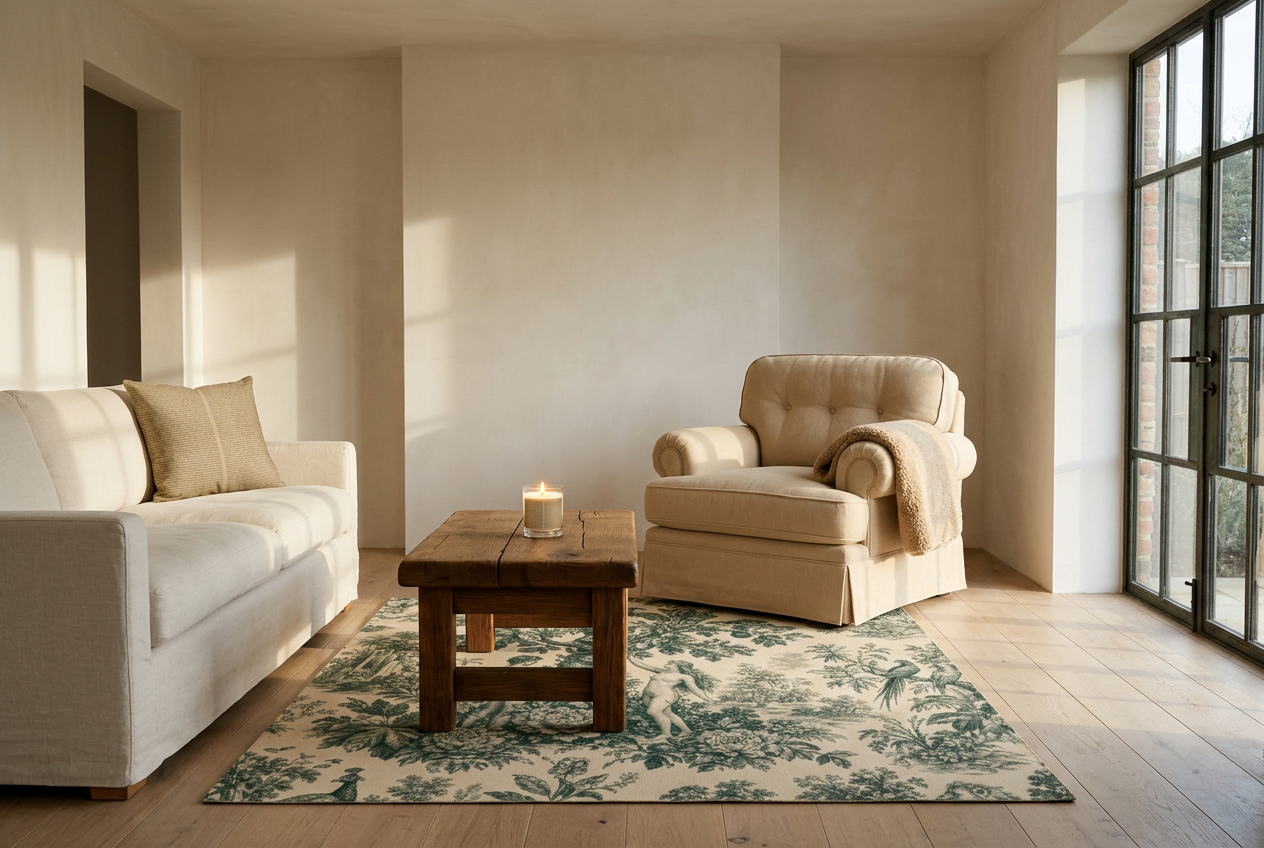 A plastered living room with a cream linen sofa, rustic timber coffee table, skirted armchair, patterned area rug, sherpa throw and a lit candle