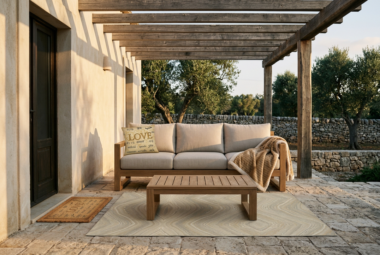 A teak patio sofa at golden hour on a limestone terrace, with a patterned outdoor rug, printed cushion, sherpa blanket and a coir doormat at the door