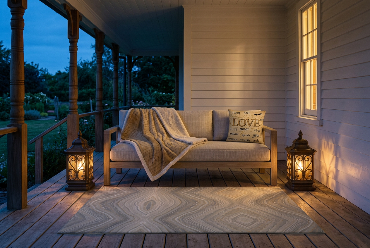 A timber porch at blue hour with a teak sofa, two lit lanterns, a sherpa blanket open across the seat, a printed cushion and a patterned rug on the boards