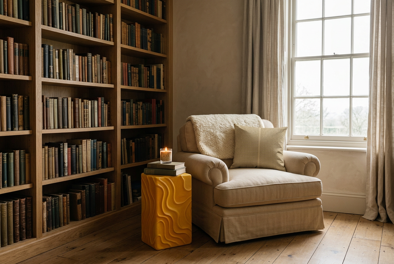A reading corner with a skirted armchair beside oak bookshelves, a sherpa throw over the back, a carved accent table and a lit candle on two books